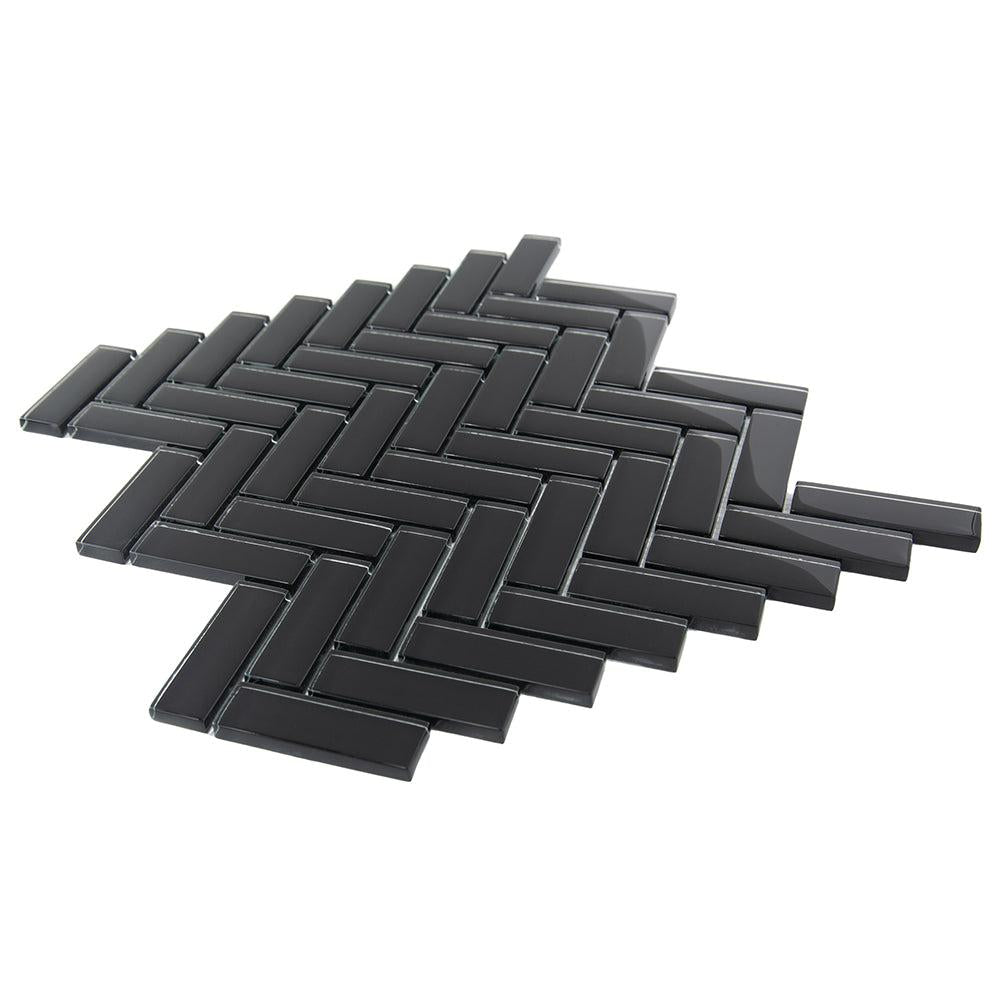 Obsidian Black Herringbone Glass Tile | Tile Club