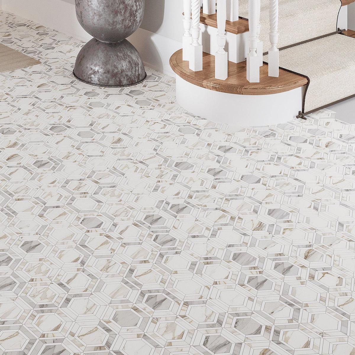 Calacatta Gold marble hexagon tile flooring