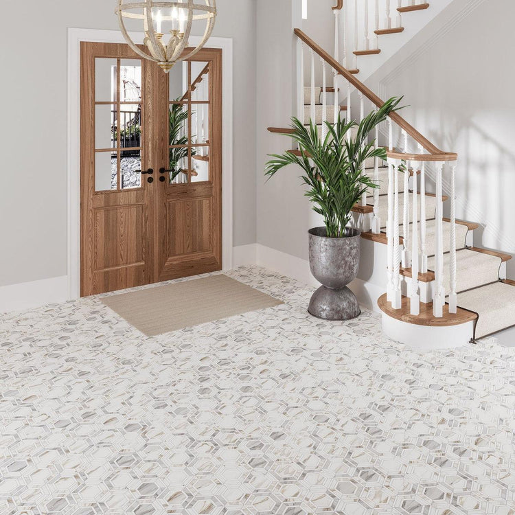 Marble hexagon floor tile entryway