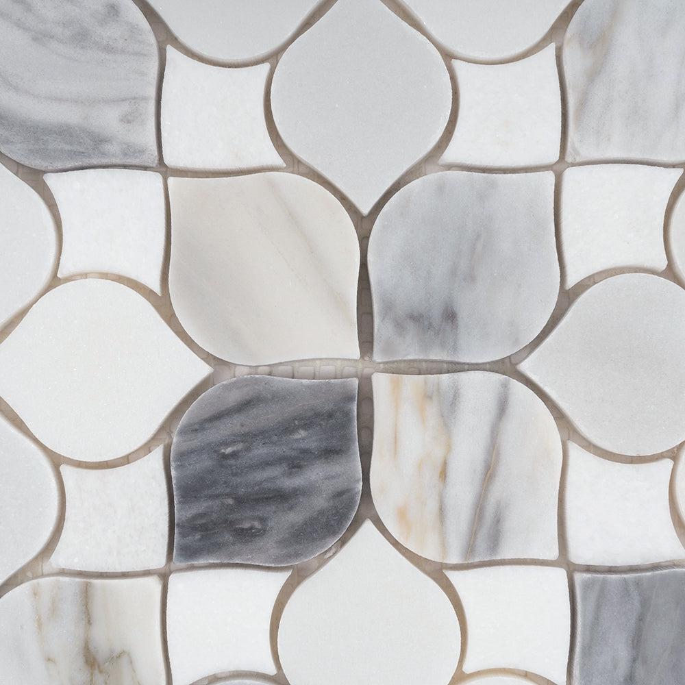 Fleur Calacatta Bluette and Thassos Flower Marble Mosaic Tile | Tile Club