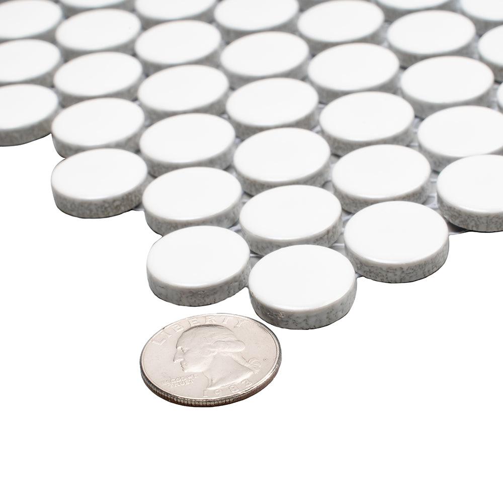 Glossy White Buttons Porcelain Penny Round Tile | Tile Club