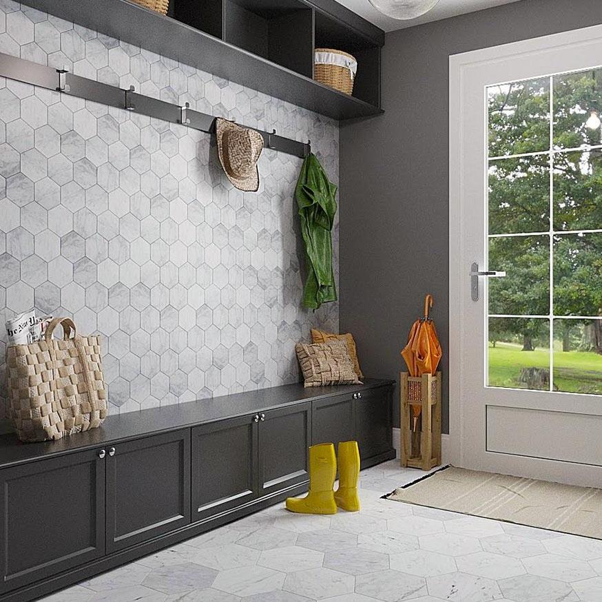 Mudroom Wall with 5Inch Marble Peel and Stick Tiles and Carrara Marble Hexagon Floor TIles