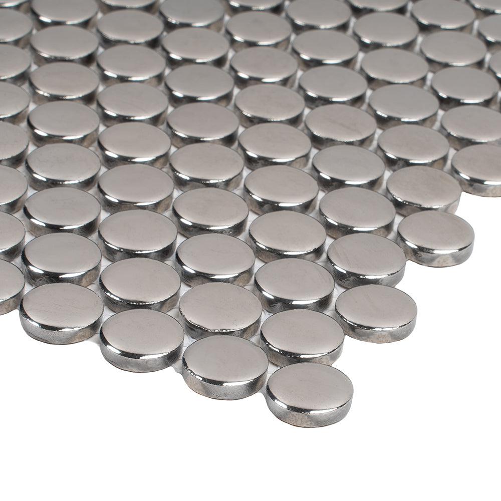 Metallic Silver Buttons Porcelain Penny Round Tile | Tile Club