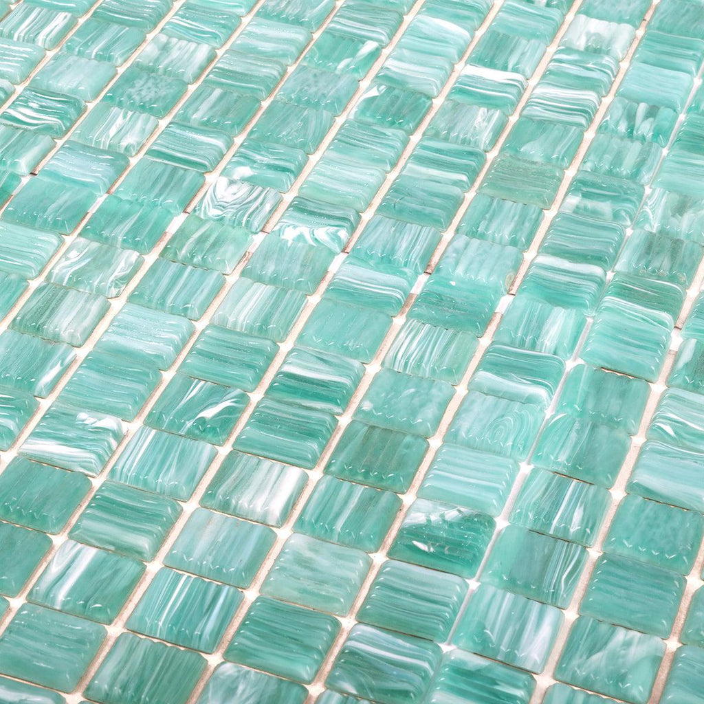 Mixed Blue Green Swirls Squares Glass Pool Tile | Tile Club