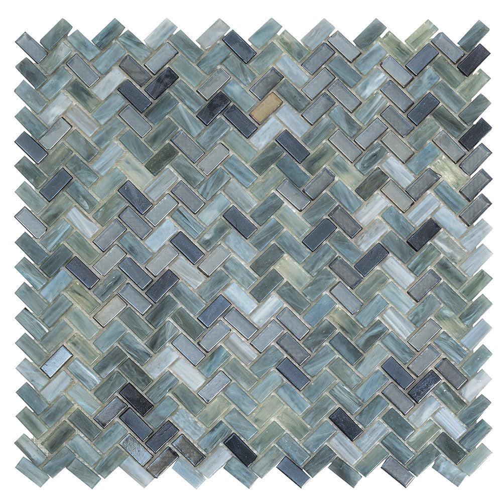 Sea Hues Herringbone Glass Mosaic Tile Sample
