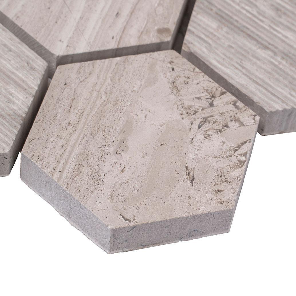 Textured Wooden Beige Honeycomb Hexagon Marble Mosaic Tile | Tile Club