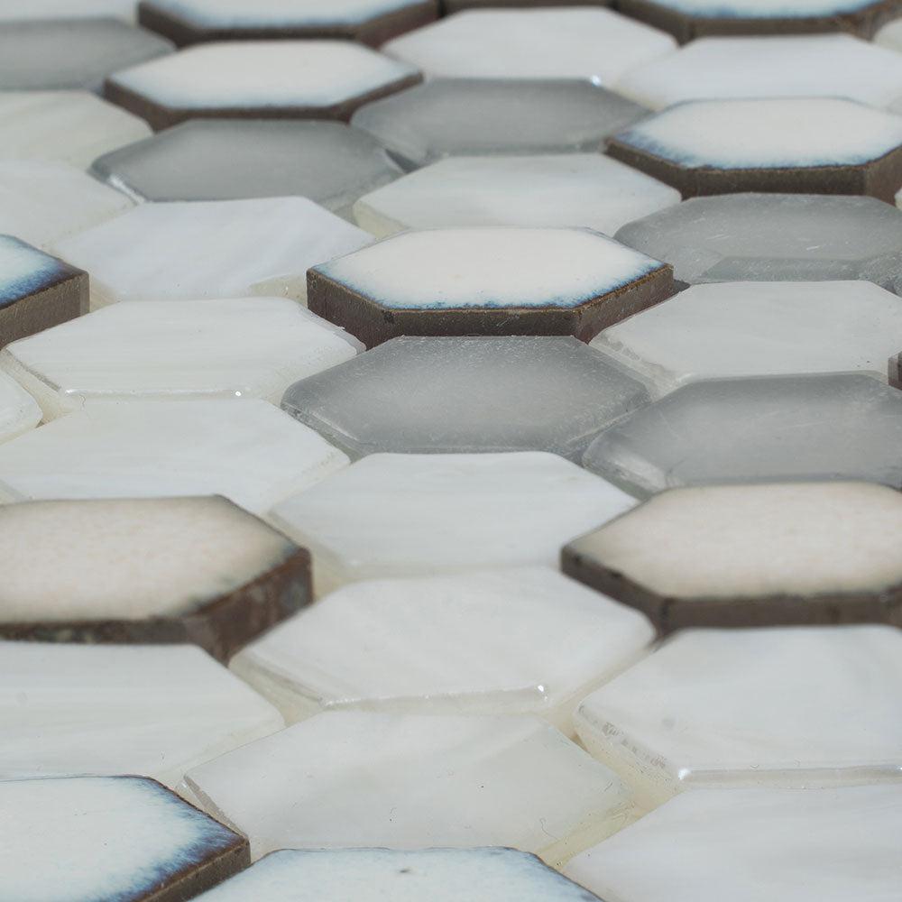 White Ceramic And Pearl Glass Hexagon Mosaic Tile | Tile Club