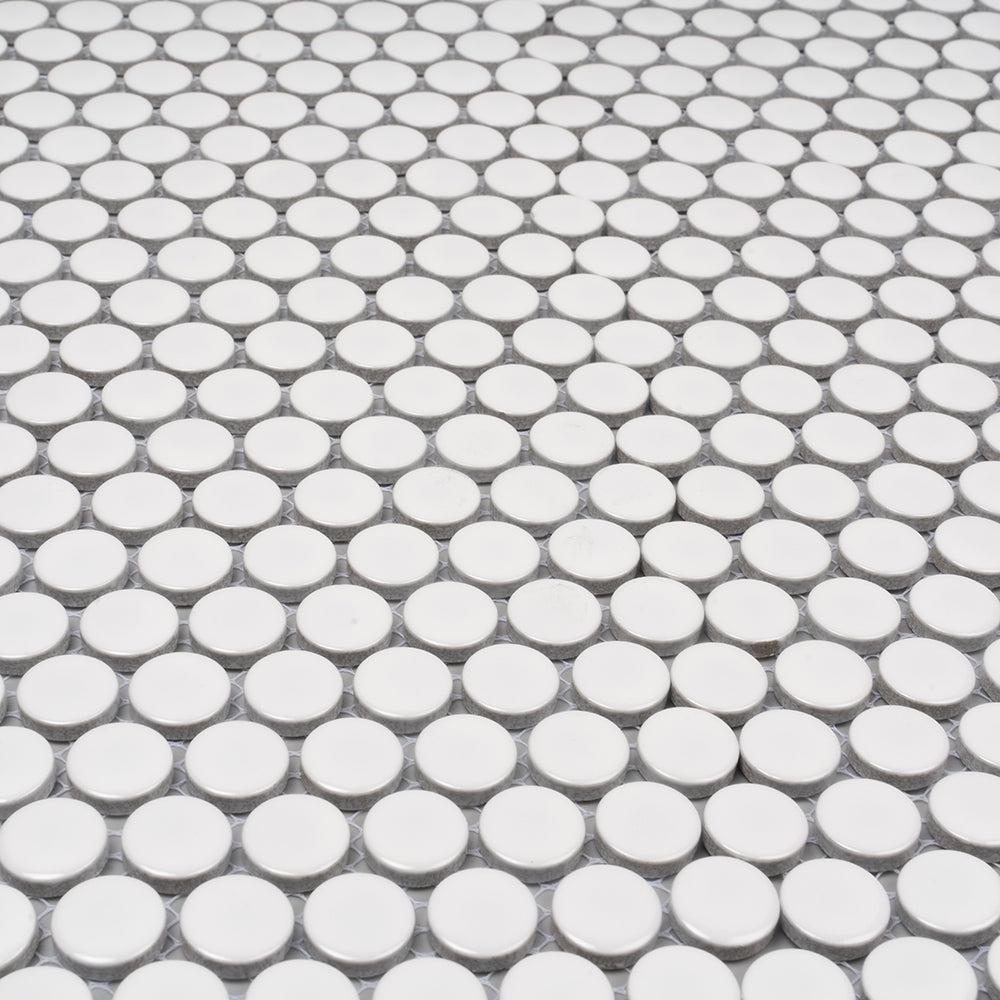 Glossy White Buttons Porcelain Penny Round Tile | Tile Club