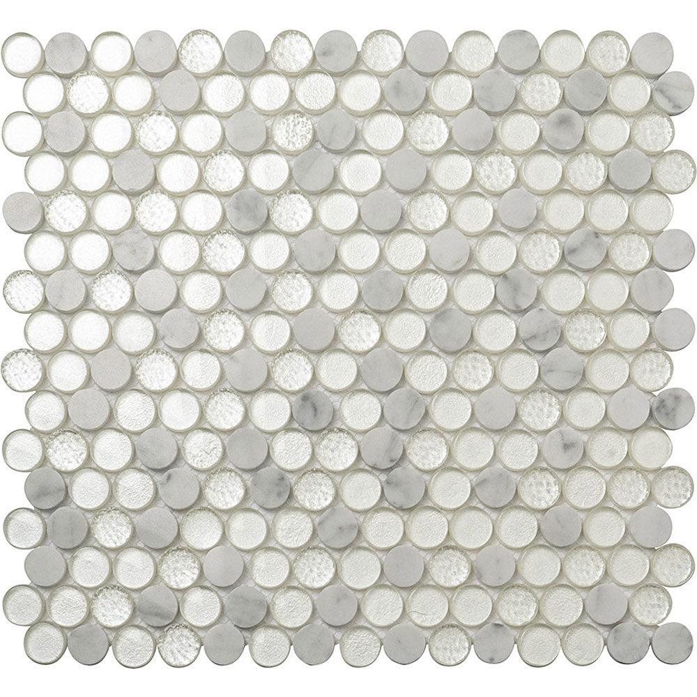 White glass and Carrara marble penny tile mosaic