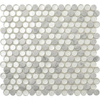White glass and Carrara marble penny tile mosaic