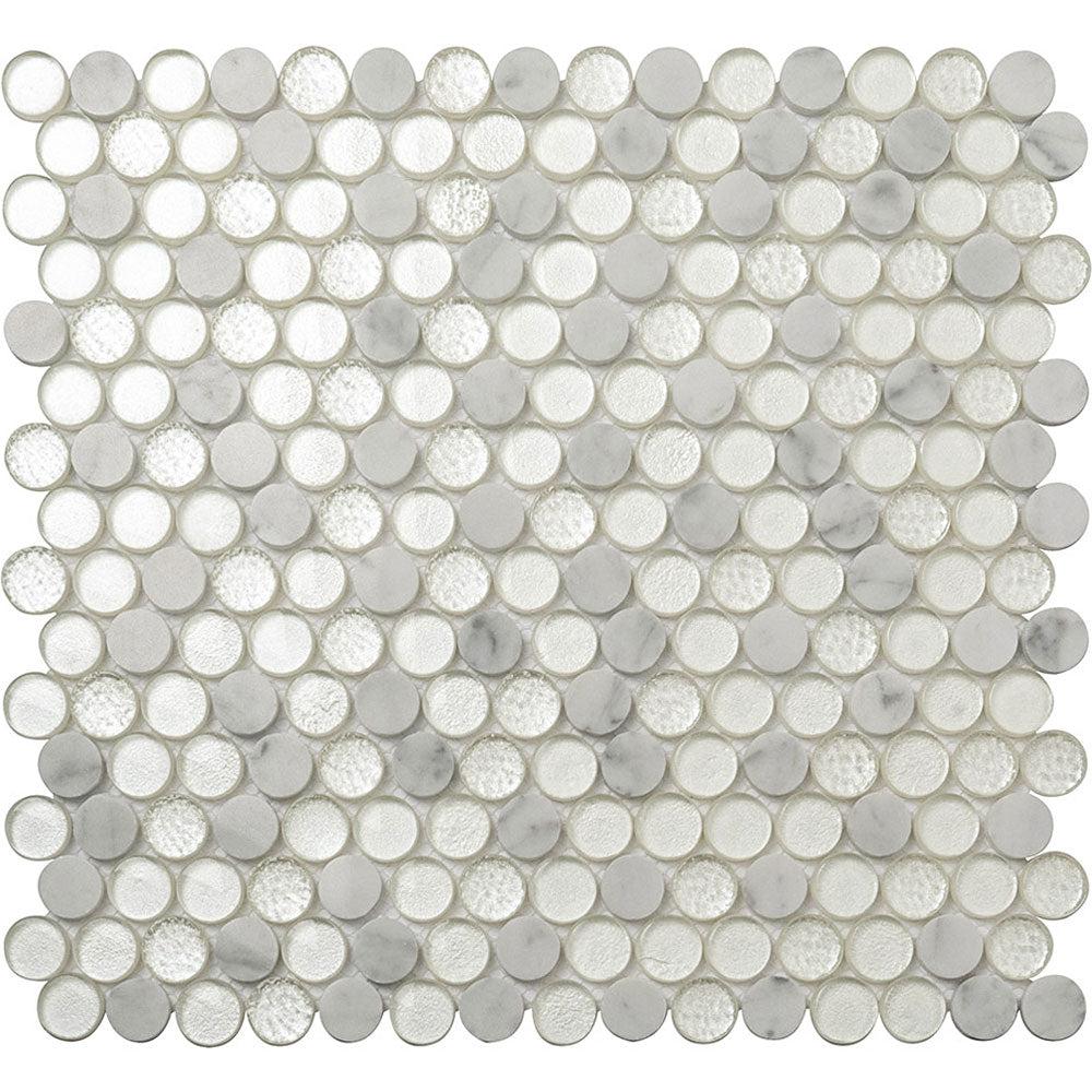 Ice Cold Penny Round White Glass Bianco Carrara Tiles Sample