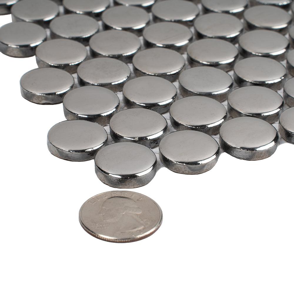 Metallic Silver Buttons Porcelain Penny Round Tile | Tile Club