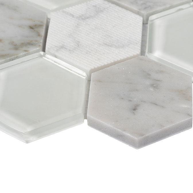 Textured Carrara And Glass Hexagon Mosaic Tile
