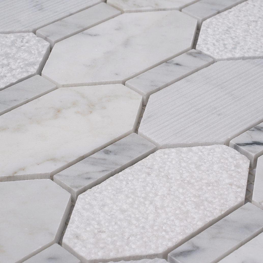 Textured Elongated Carrara Hexagon Marble Mosaic Tile | Tile Club