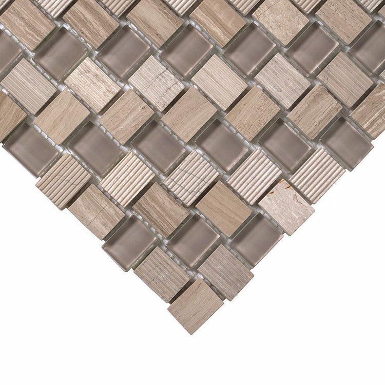 Textured Mini Brick Wooden Beige And Glass Mosaic Tile | Tile Club