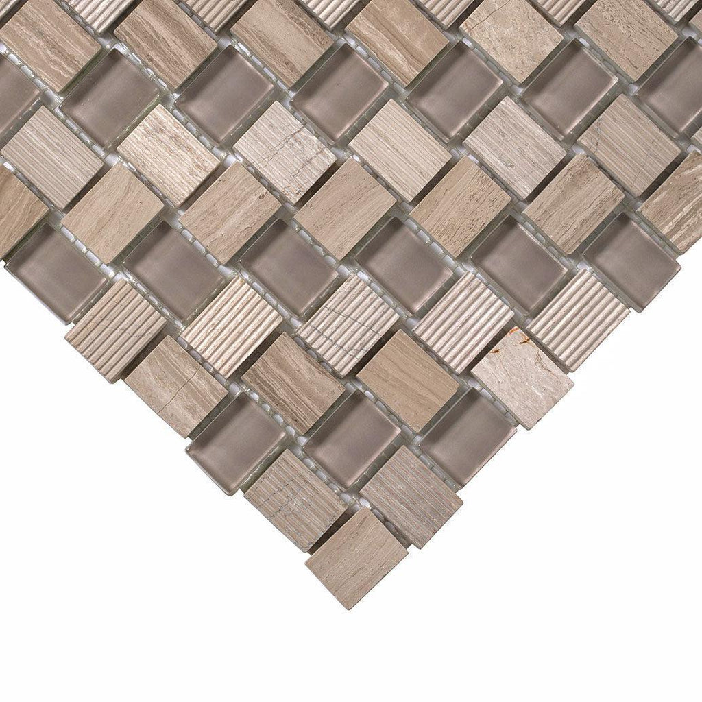 Textured Mini Brick Wooden Beige And Glass Mosaic Tile | Tile Club
