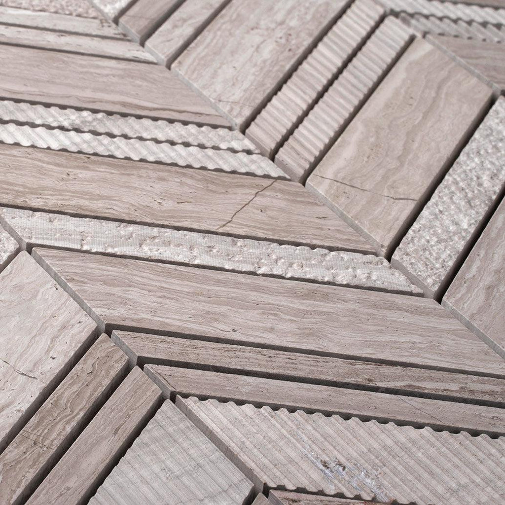 Textured Wooden Beige Chevron Marble Mosaic Tile | Tile Club