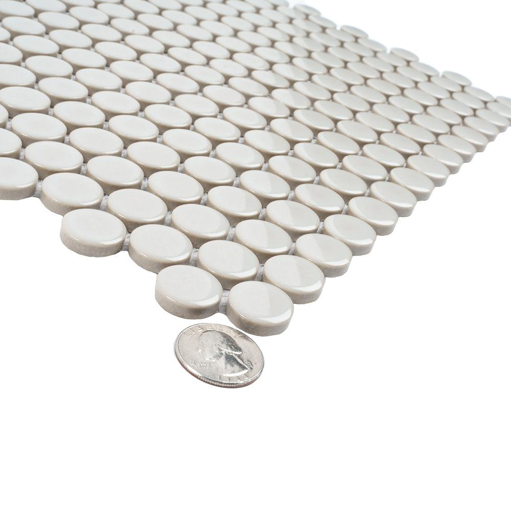 Glossy Gray Cream Buttons Porcelain Penny Round Tile | Tile Club