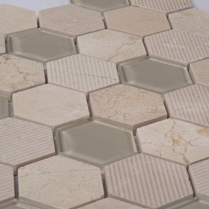 Textured Crema Marfil And Glass Hexagon Mosaic Tile