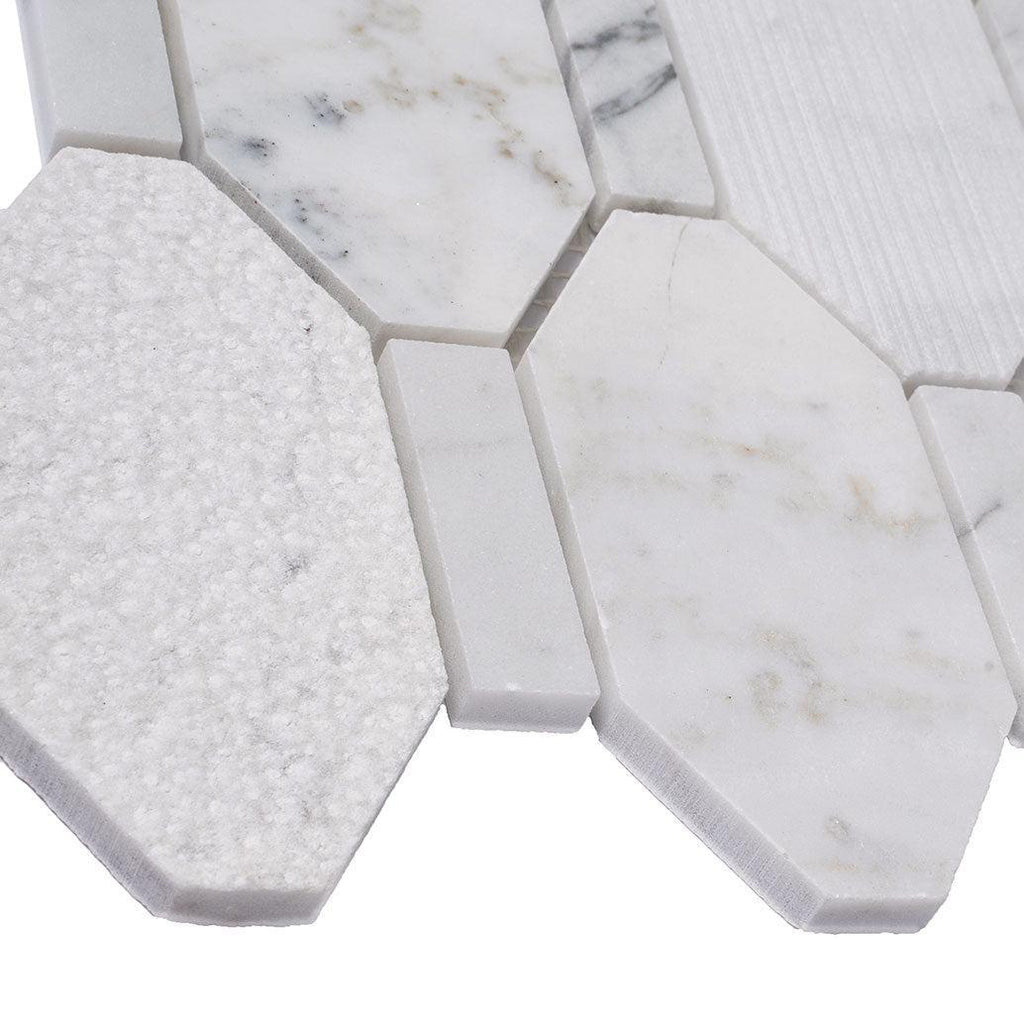 Textured Elongated Carrara Hexagon Marble Mosaic Tile | Tile Club