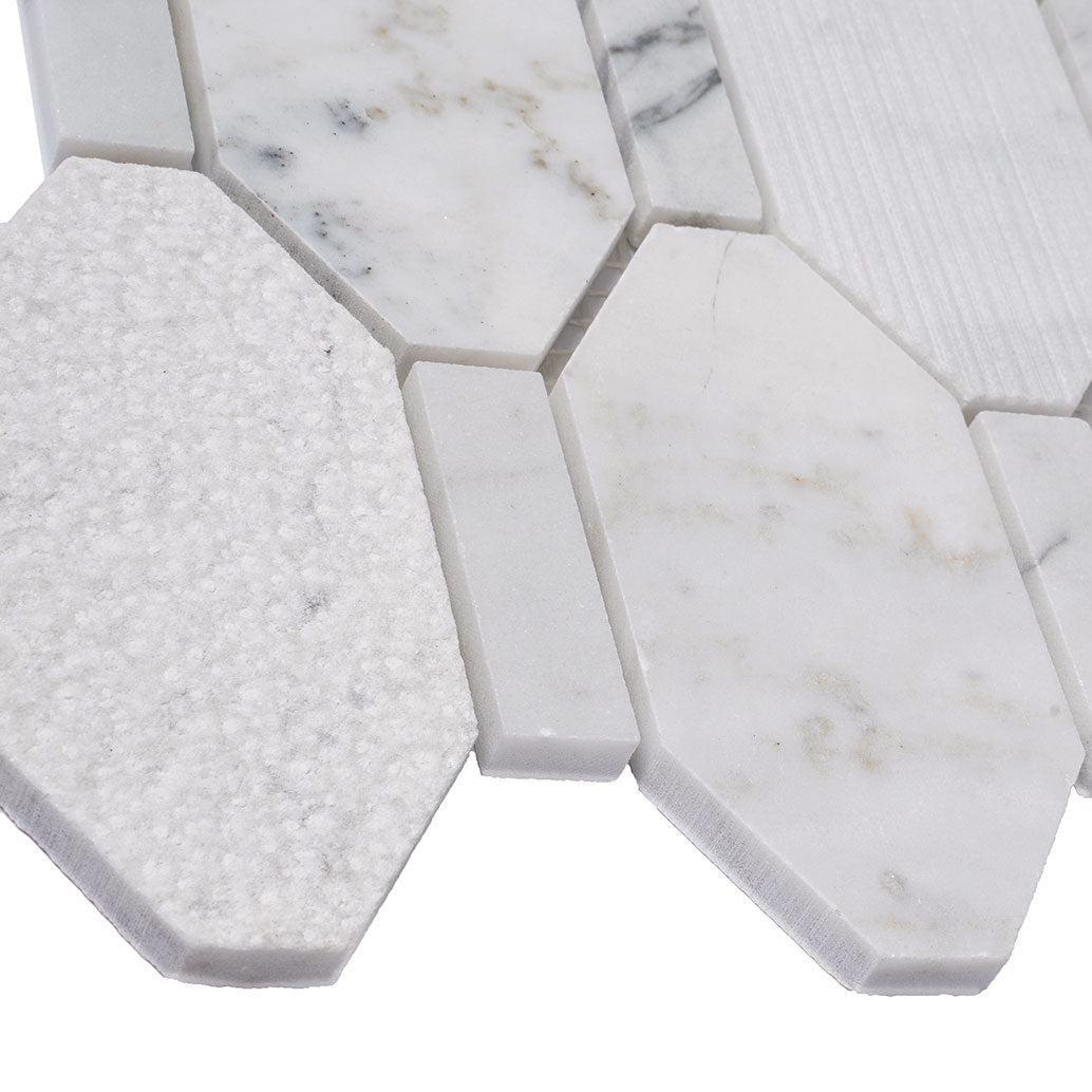 Textured Elongated Carrara Hexagon Marble Mosaic Tile | Tile Club