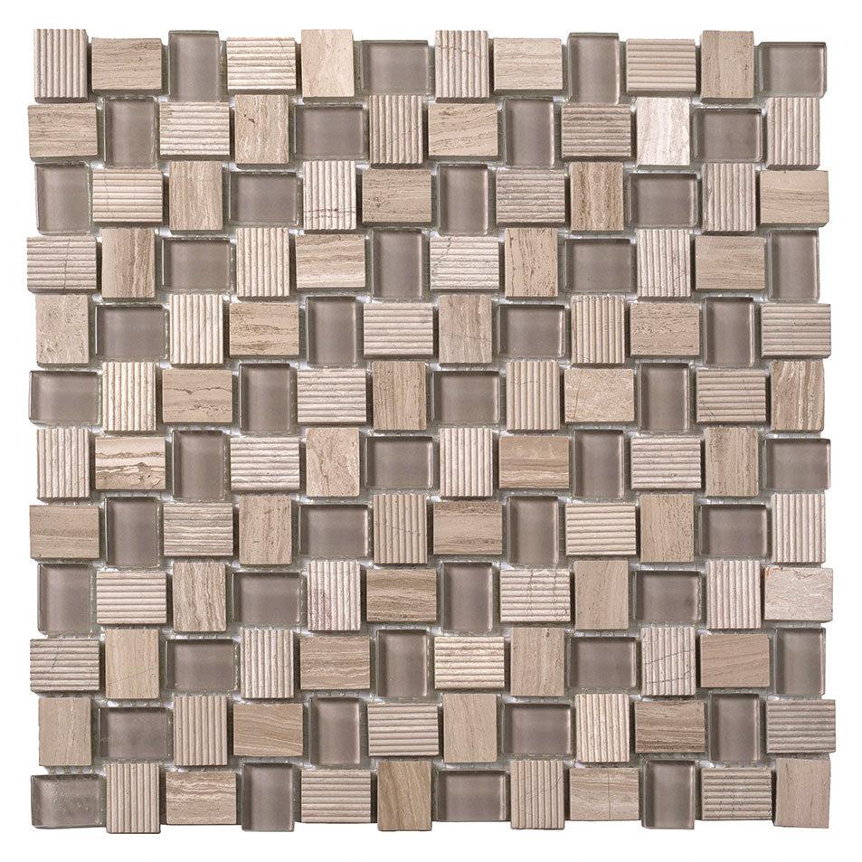Textured Mini Brick Wooden Beige And Glass Mosaic Tile Sample