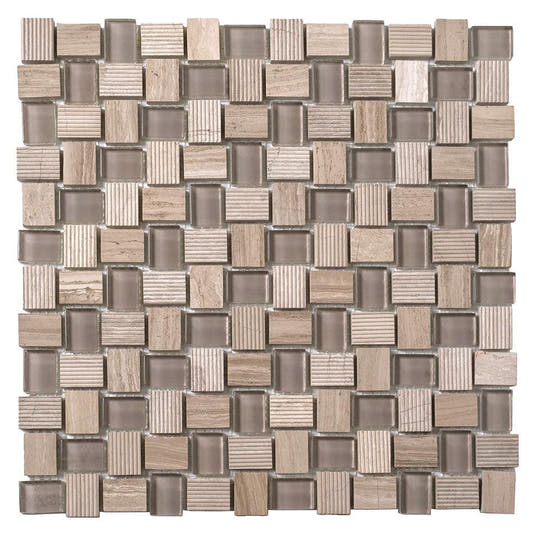 Textured Mini Brick Wooden Beige And Glass Mosaic Tile Sample