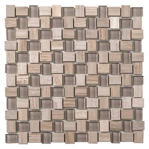 Textured Mini Brick Wooden Beige And Glass Mosaic Tile Sample