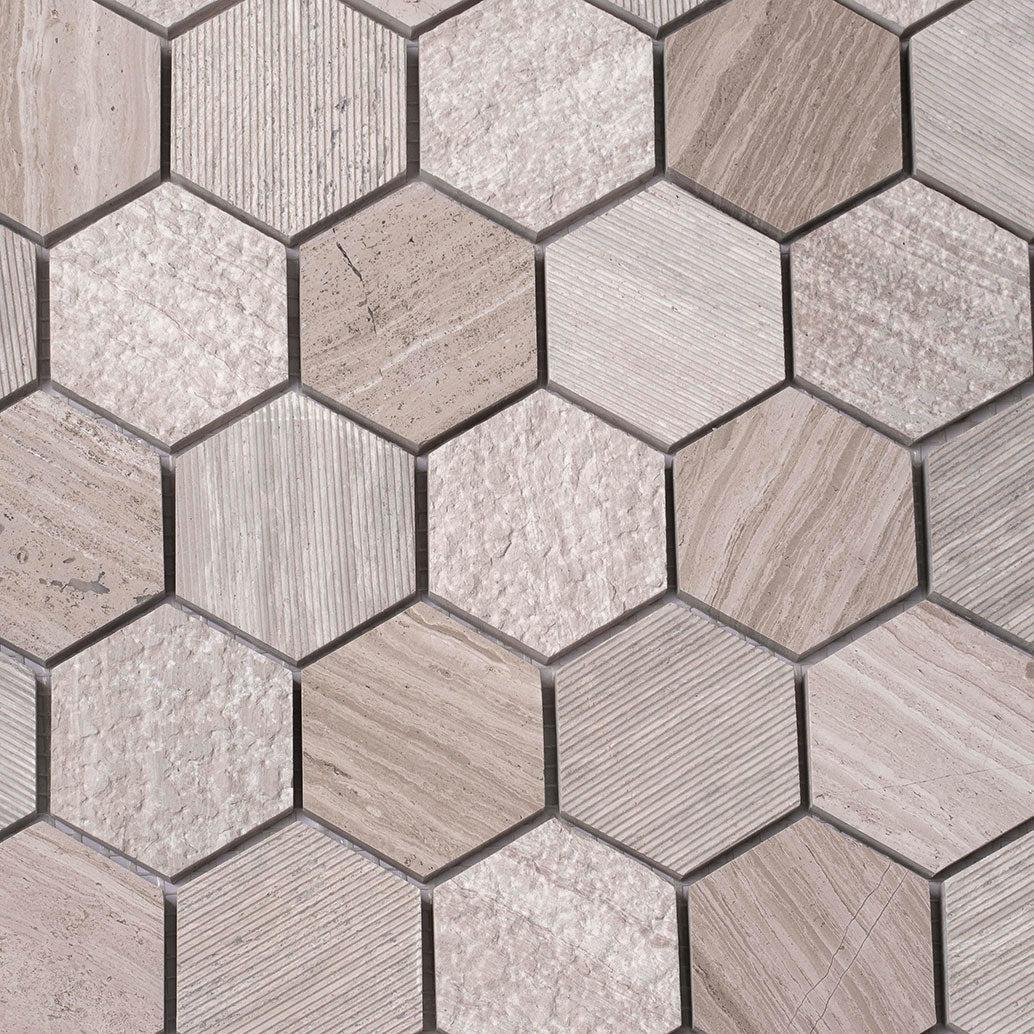 Textured Wooden Beige Honeycomb Hexagon Marble Mosaic Tile | Tile Club