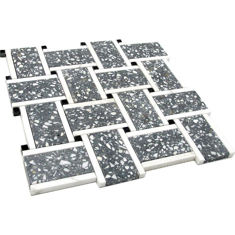 Gray and White Terrazzo Basket Weave Mosaic Tile | Tile Club