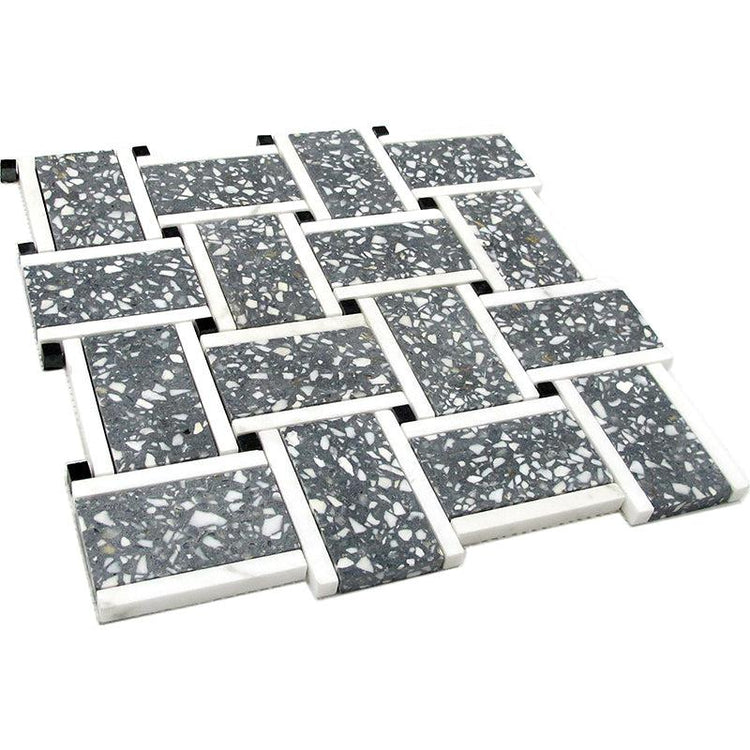 Gray and White Terrazzo Basket Weave Mosaic Tile | Tile Club