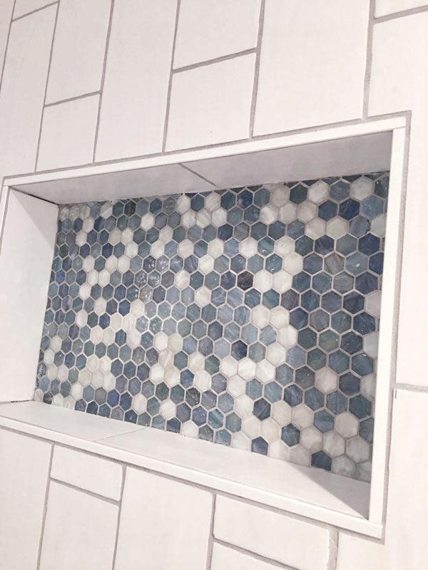 Blue And White Hexagon Glass Mosaic Tile Shower Niche Installed by Tile Club Customer