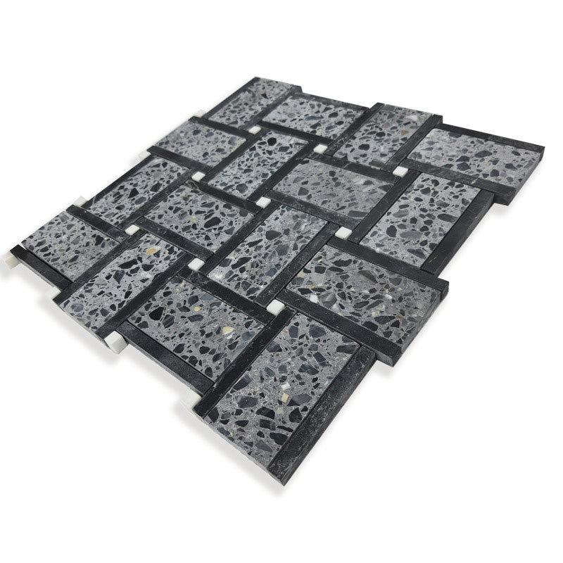 Black and Gray Terrazzo Basket Weave Mosaic Tile | Tile Club