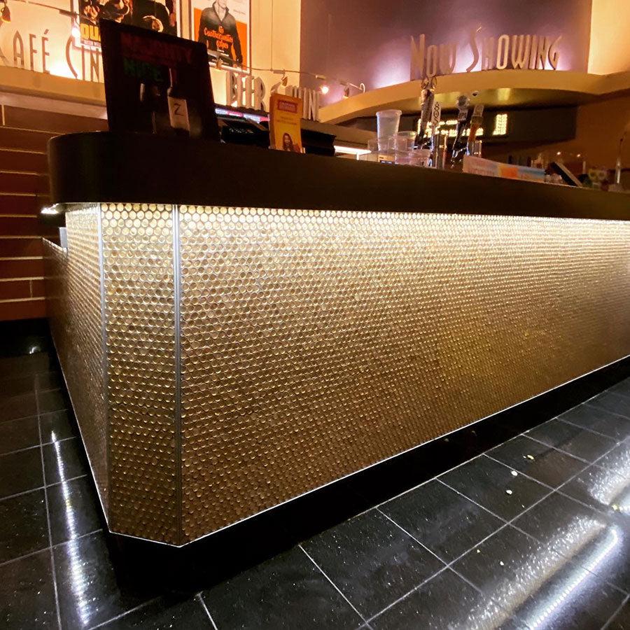 Gold Glass Penny Round Mosaic Tile Movie Theater Lobby Counter