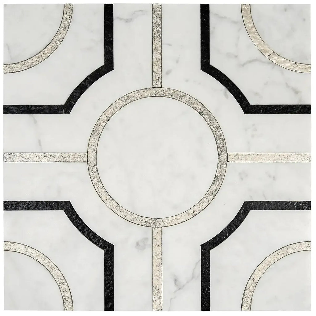 Roman Crossroads White Waterjet Mosaic With Silver Lines | Tile Club