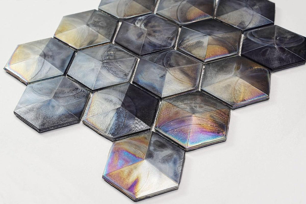 Prism Storm Beveled Hexagon Cast Glass Mosaic Tile | Tile Club