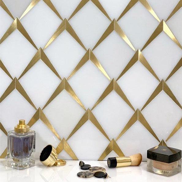 Arrowhead Brass Marble Mosaic Glam White Marble and Gold Vanity Bathroom