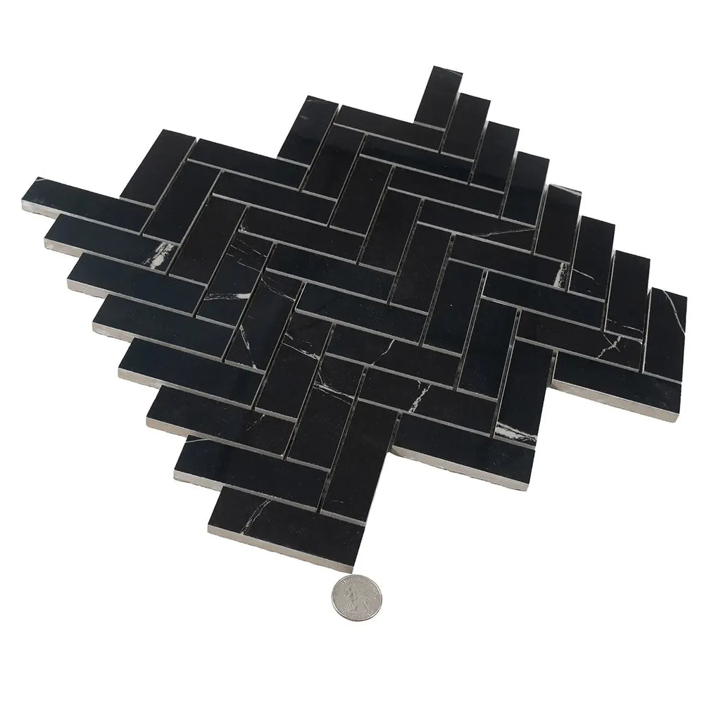 Azra Nero Black Herringbone Porcelain Mosaic Tile | Tile Club