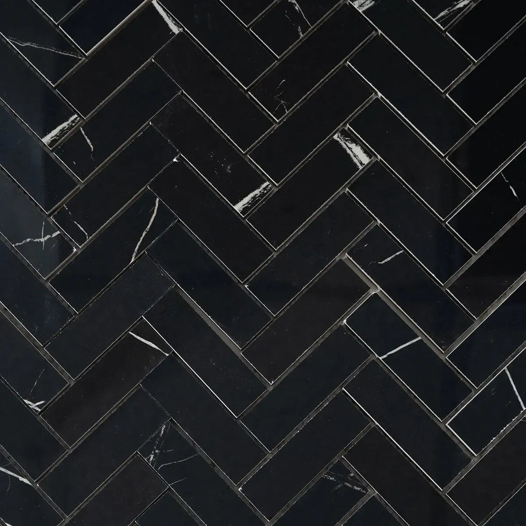 Azra Nero Black Herringbone Porcelain Mosaic Tile | Tile Club