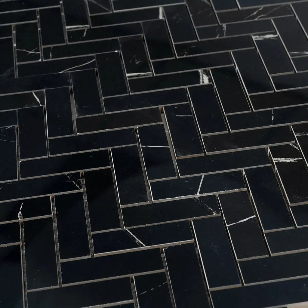 Azra Nero Black Herringbone Porcelain Mosaic Tile | Tile Club