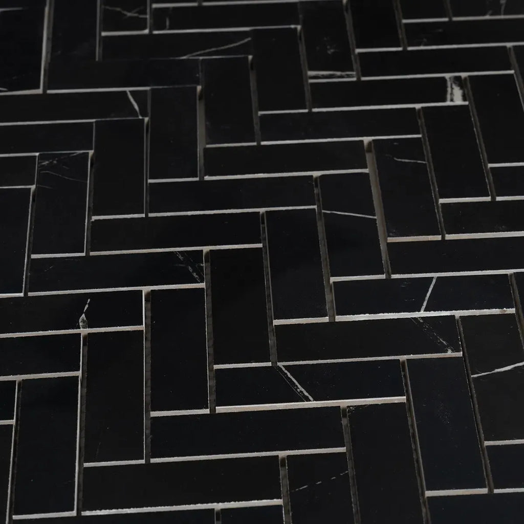 Azra Nero Black Herringbone Porcelain Mosaic Tile | Tile Club