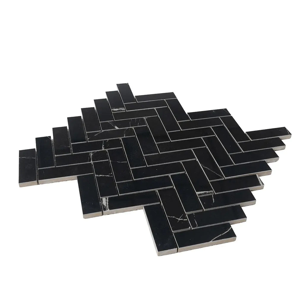 Azra Nero Black Herringbone Porcelain Mosaic Tile | Tile Club