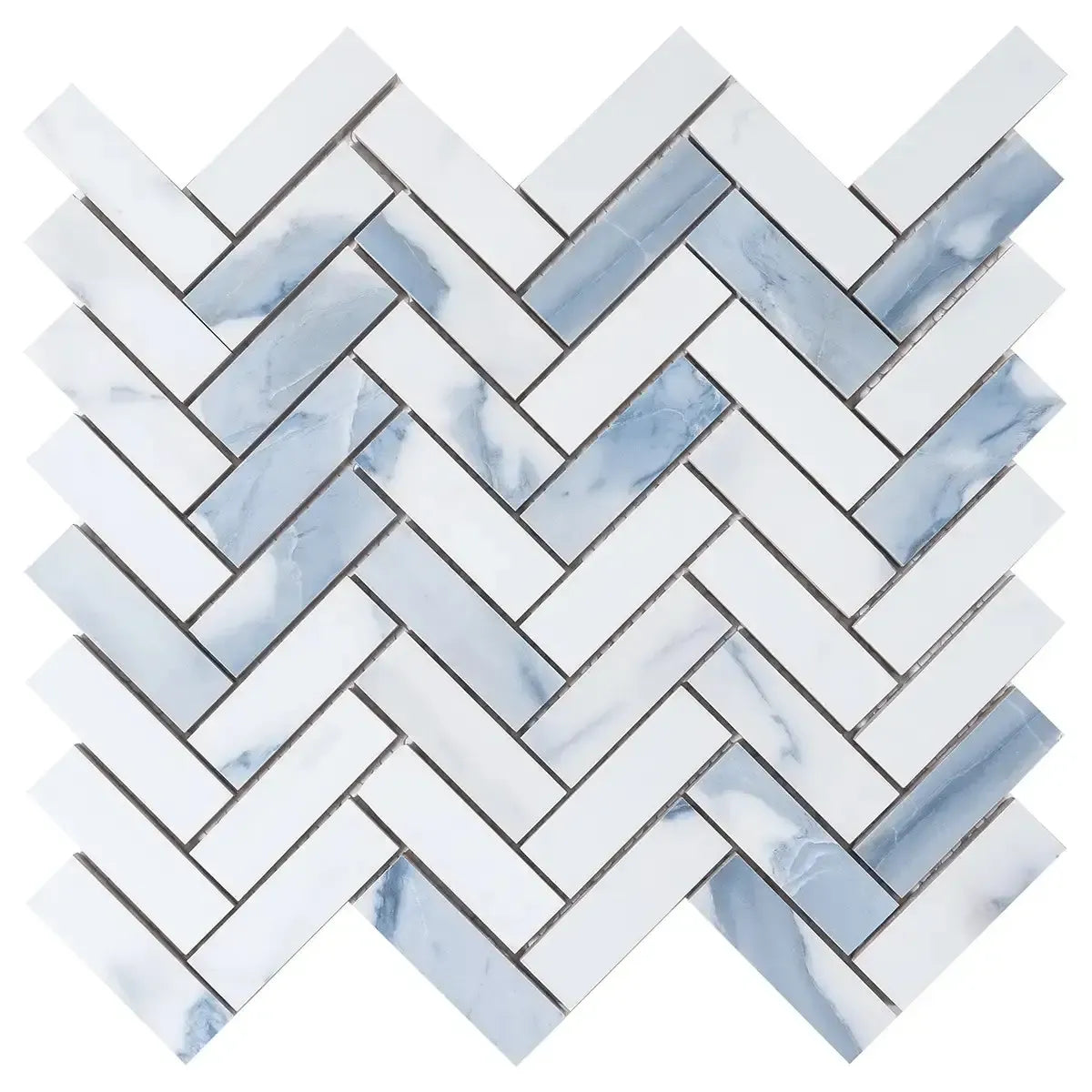 Azra Statuario Blue Herringbone Porcelain Mosaic Tile | Tile Club