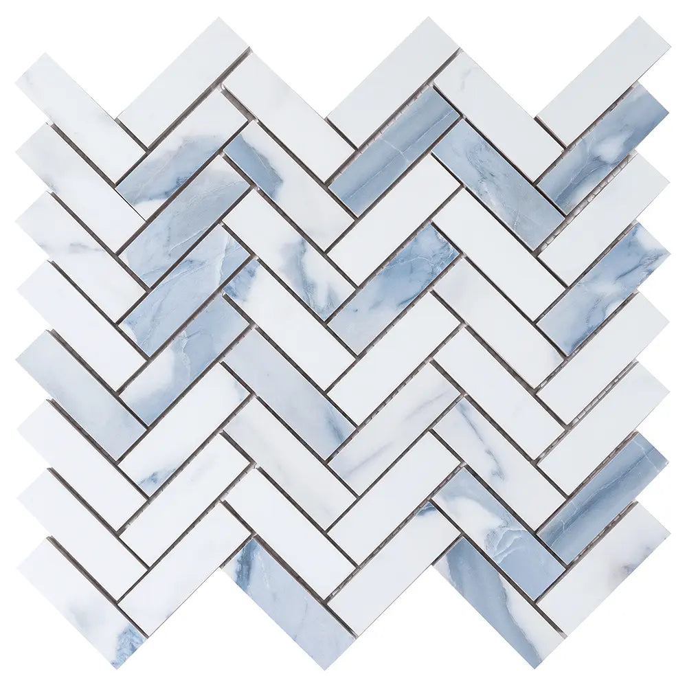 Azra Statuario Blue Herringbone Porcelain Mosaic Tile | Tile Club