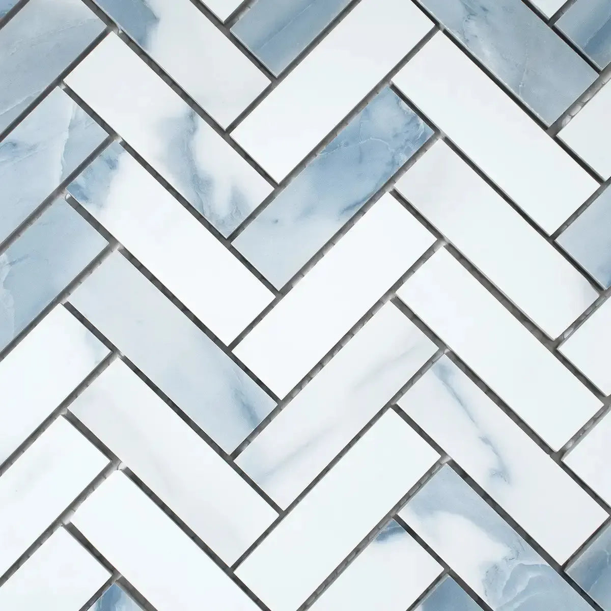 Azra Statuario Blue Herringbone Porcelain Mosaic Tile | Tile Club
