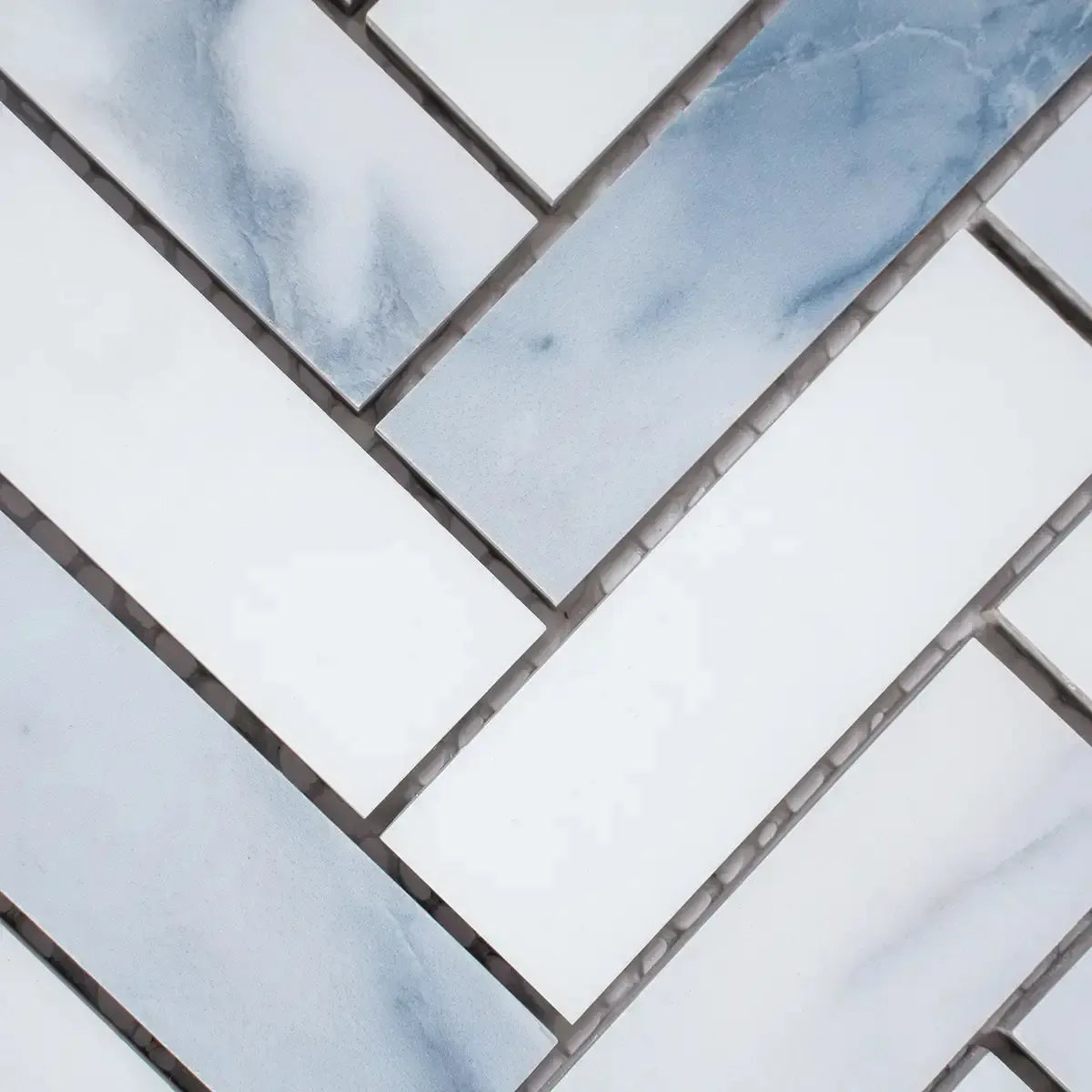 Azra Statuario Blue Herringbone Porcelain Mosaic Tile | Tile Club