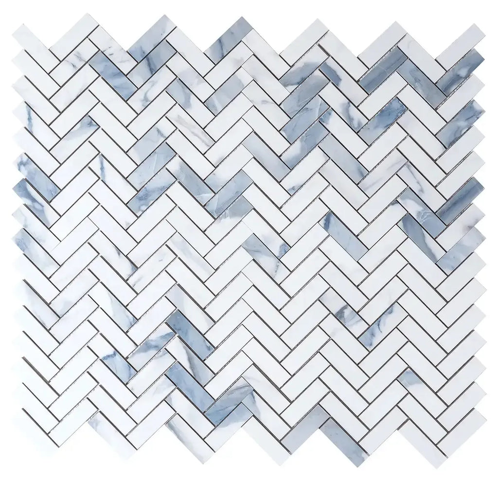 Azra Statuario Blue Herringbone Porcelain Mosaic Tile | Tile Club