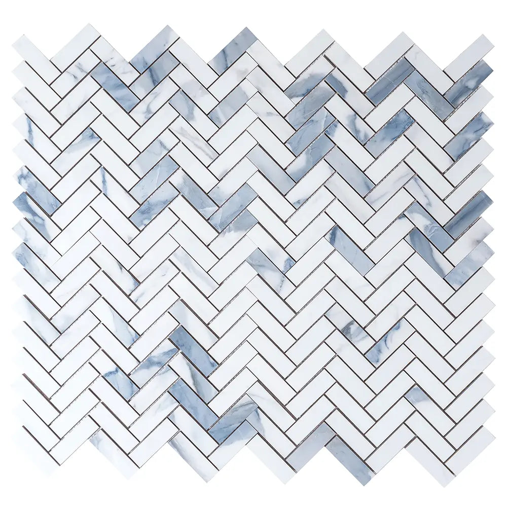 Azra Statuario Blue Herringbone Porcelain Mosaic Tile | Tile Club