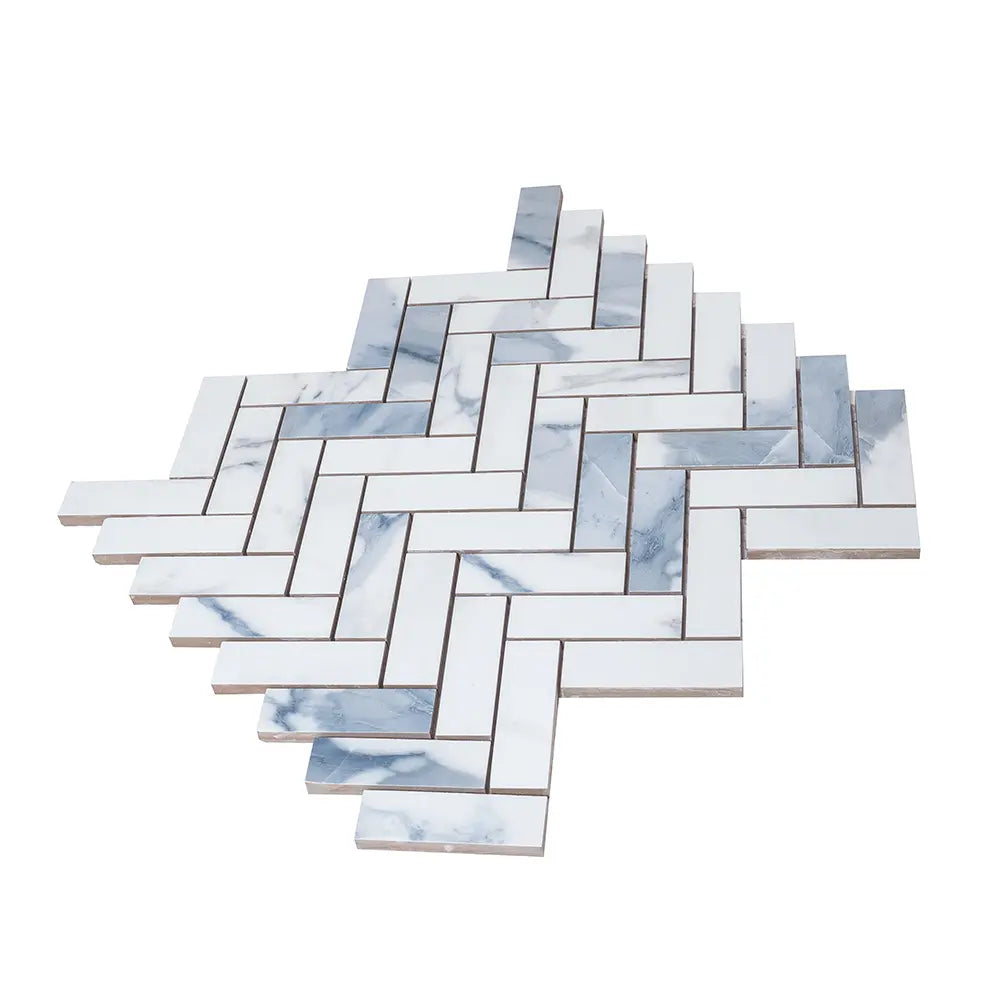 Azra Statuario Blue Herringbone Porcelain Mosaic Tile | Tile Club
