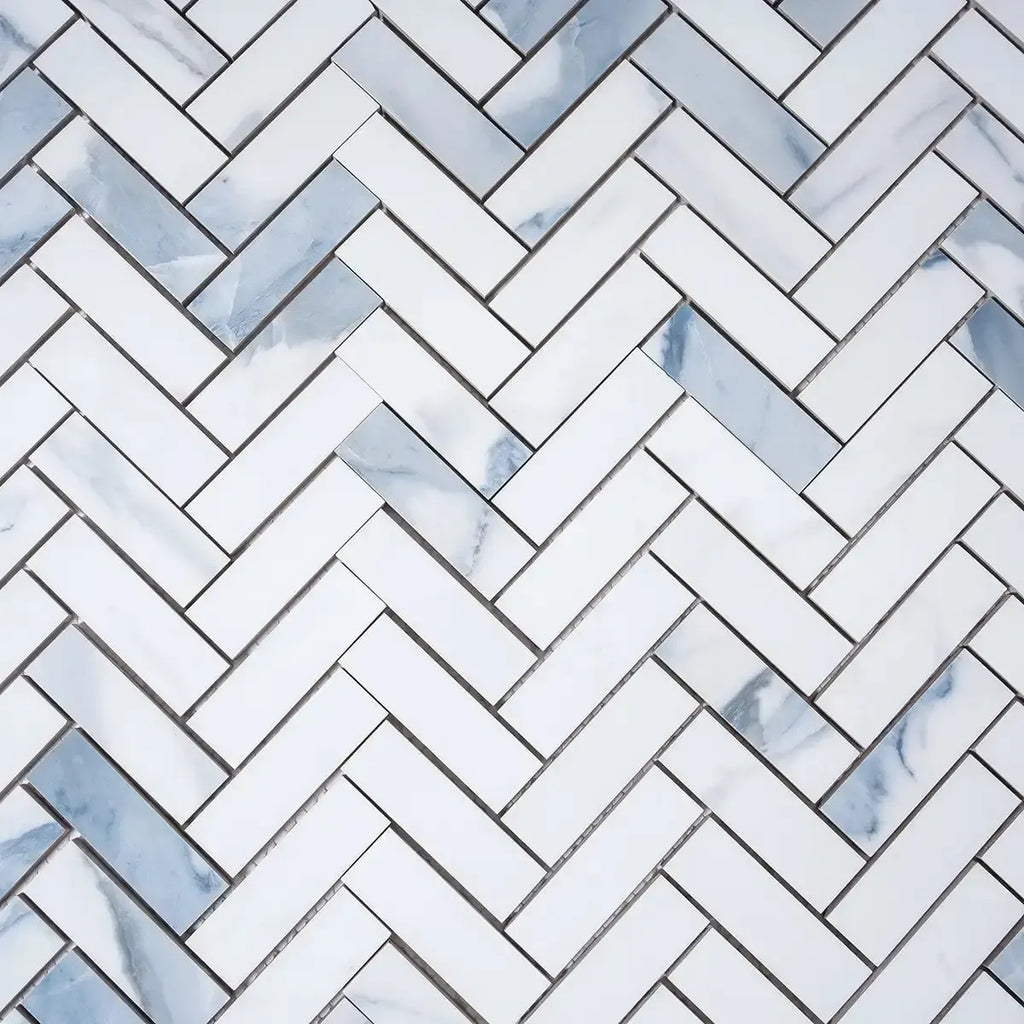 Azra Statuario Blue Herringbone Porcelain Mosaic Tile | Tile Club